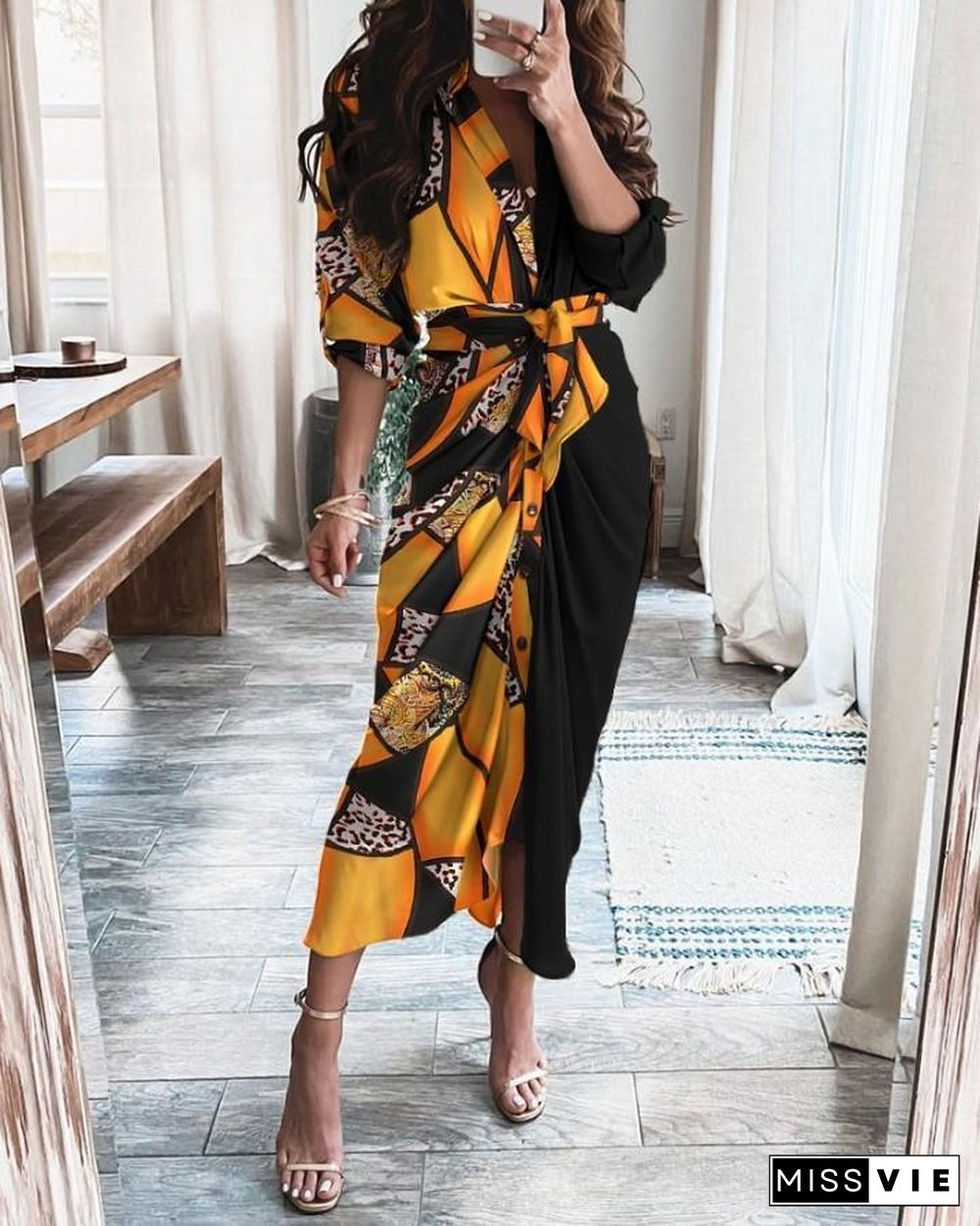 Graphic Print Long Sleeve Strap Slit Shirt Dress P12188