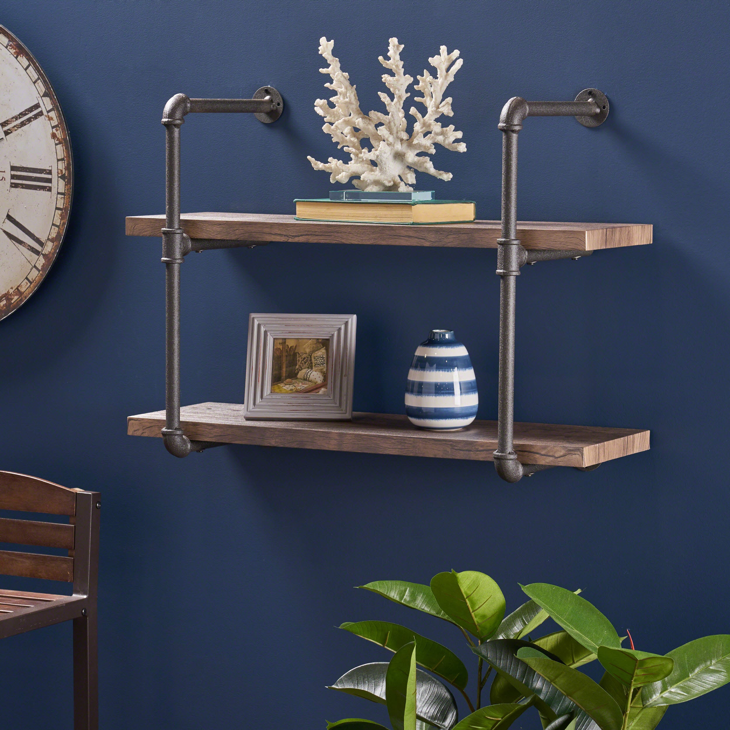 Caden 2 Shelf Industrial Pipe Design Wall Mount Floating Shelf