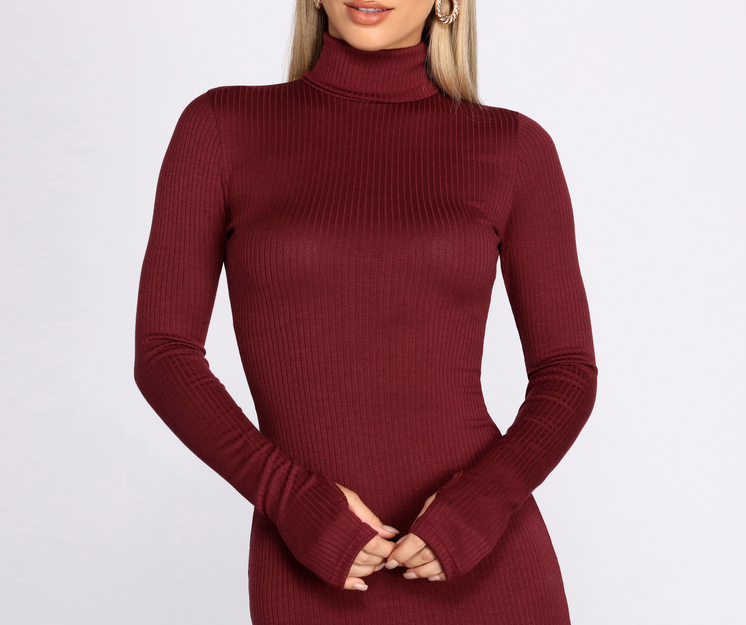 Turtleneck Ribbed Knit Mini Dress