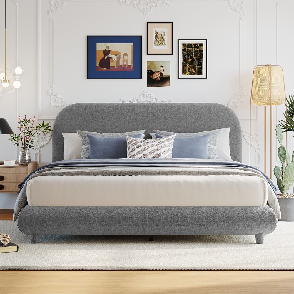 Teddy Fleece Full/Queen Size Upholstered Platform Bed with Thick Fabric  Solid Frame and Stylish Curve shaped Design