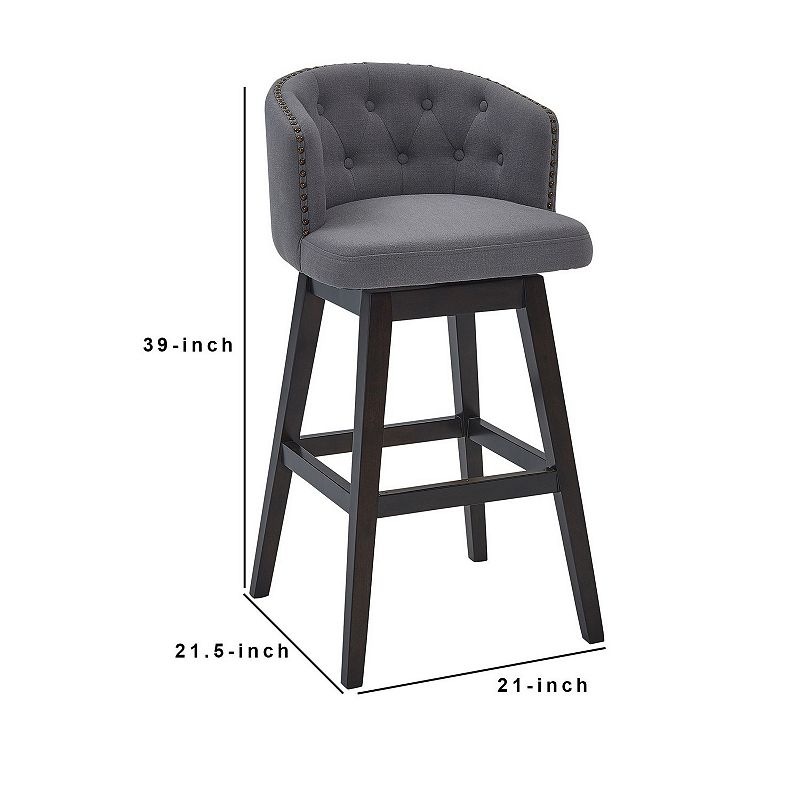 30 Inches Button Tufted Fabric Padded Swivel Barstool， Gray