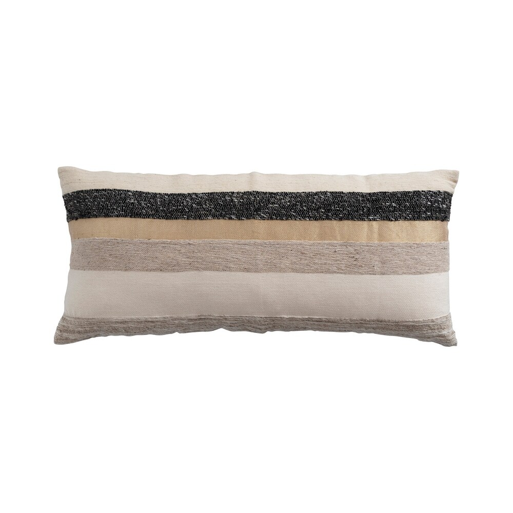 Woven Wool Blend Lumbar Pillow with Gold Metallic Thread and Stripes