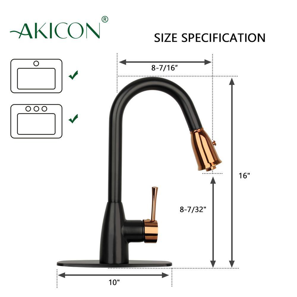 Akicon Two Tone Single Handle Deck Mount Pull Down Sprayer Kitchen Faucet with Deckplate and Soap Dispenser and Air Gap AK96455BLRG-SDA