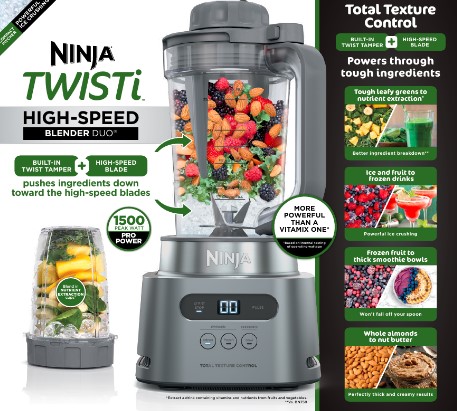 Ninja TWISTi， HIGH-SPEED Blender DUO 3 Preset Auto-iQ Programs， 34 oz. Pitcher Capacity， SS150