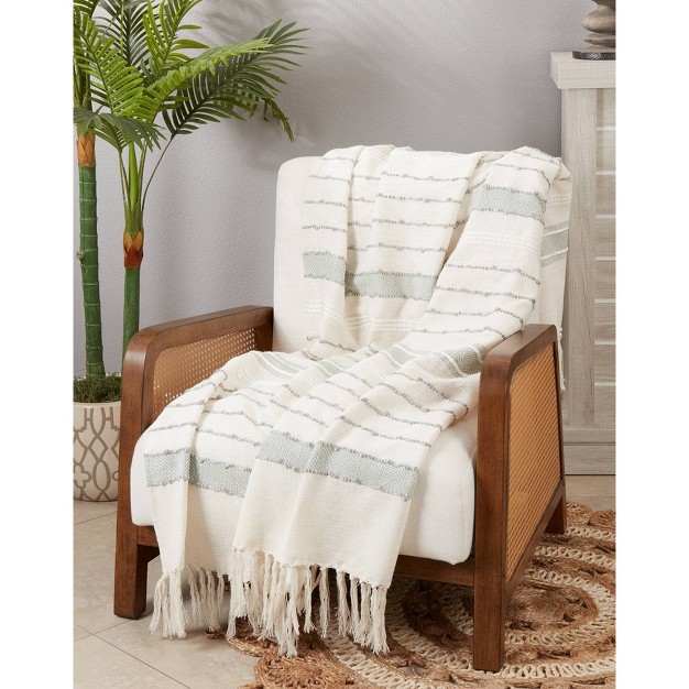 Boho Charm Woven Striped With Fringe Throw Blanket Ivory Saro Lifestyle