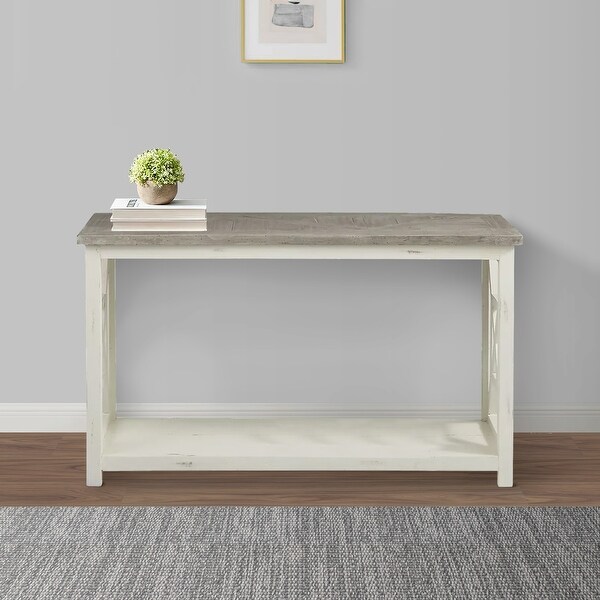 Solid Wood Sofa Console Table with X Shape Side Panels， White and Brown