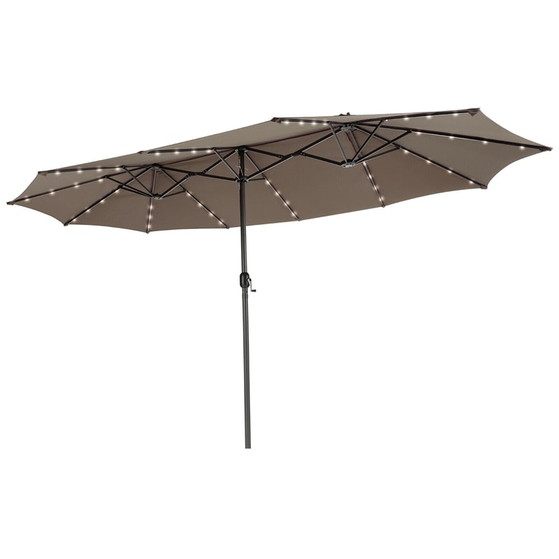 15 FT Large Outdoor Patio Table Umbrella with 48 Solar LED Lights & Crank, Double-Sided Metal Deck Pool Umbrella