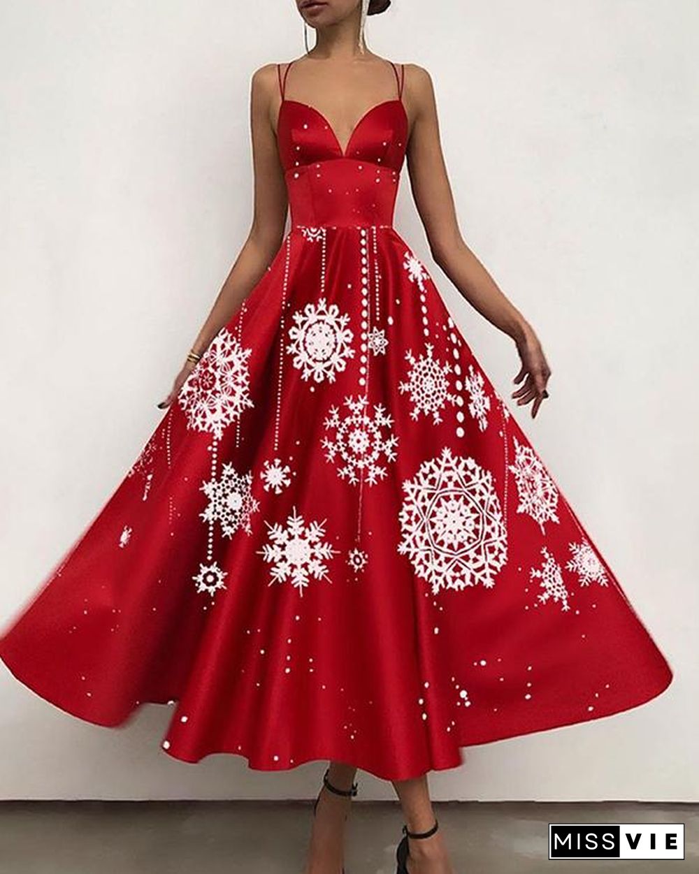 Women Elegant Open Back Print Christmas Party Dress Sling Maxi Swing Dress