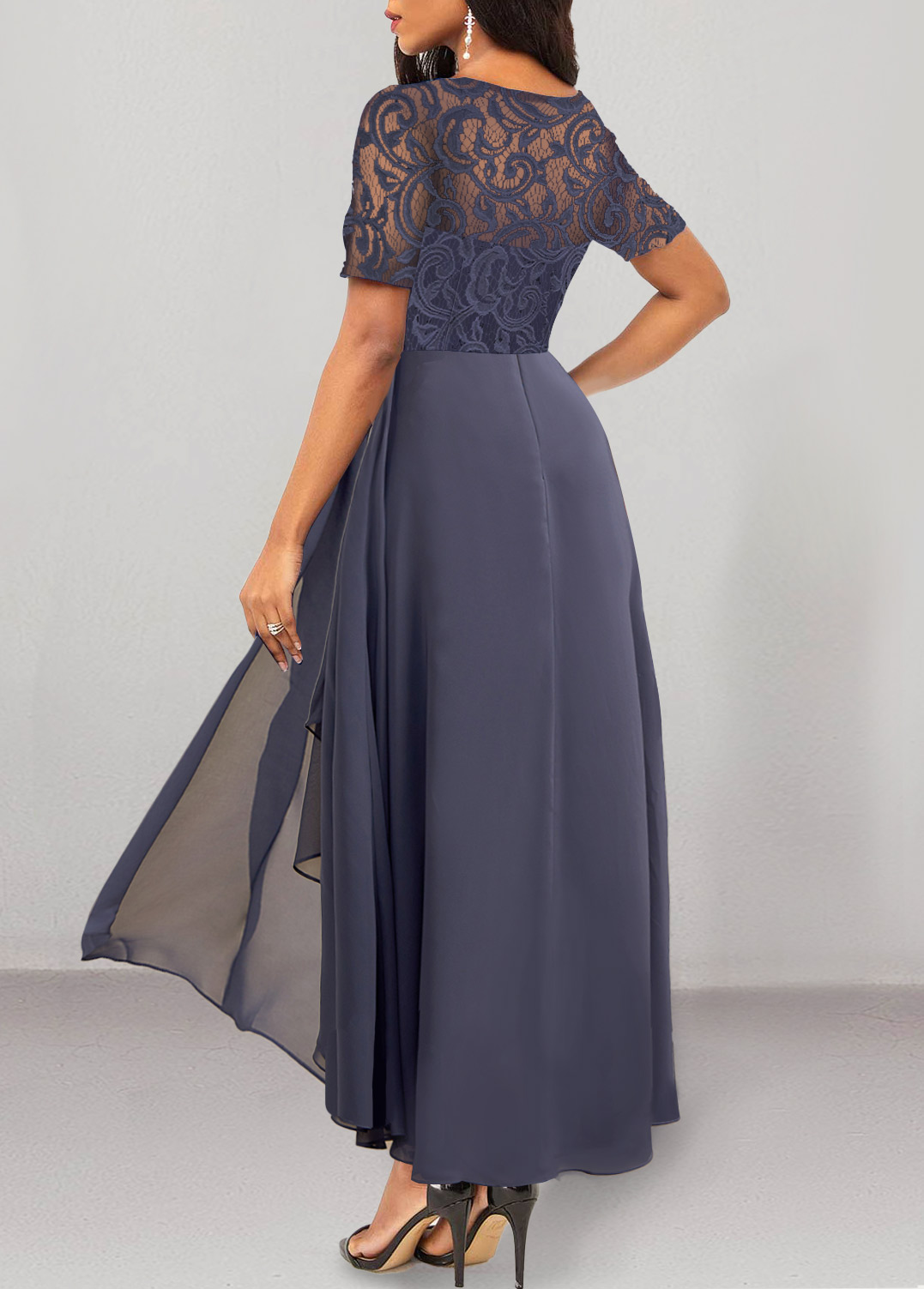 Lace Stitching Asymmetric Hem Dusty Purple Dress