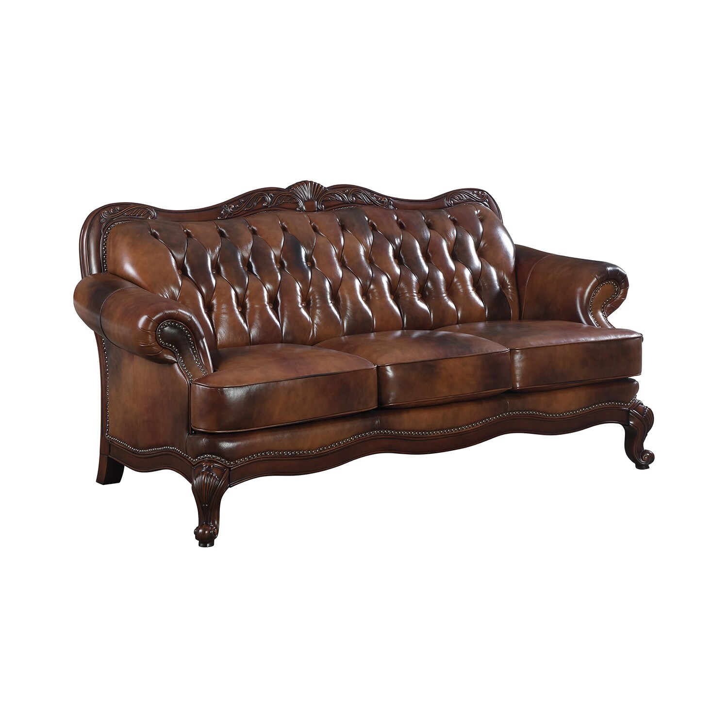 Wood and Leather Sofa in Warm Brown Finish