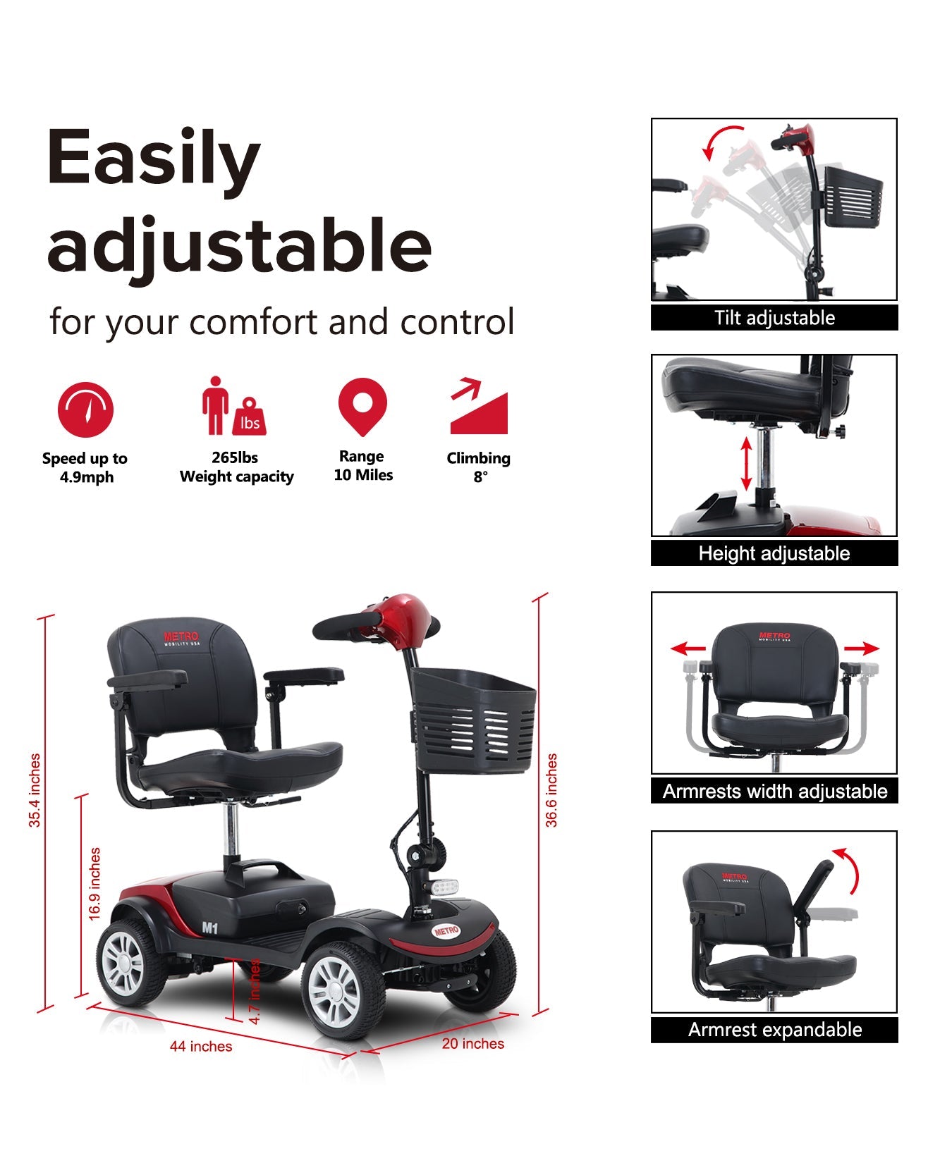 Mobility Scooter Delivers 4 Wheel - Max Speed 5 Mph, Max Load 265lbs,Adults Electric Medical Scooter , Lightweight and Compact for Travel(Red)