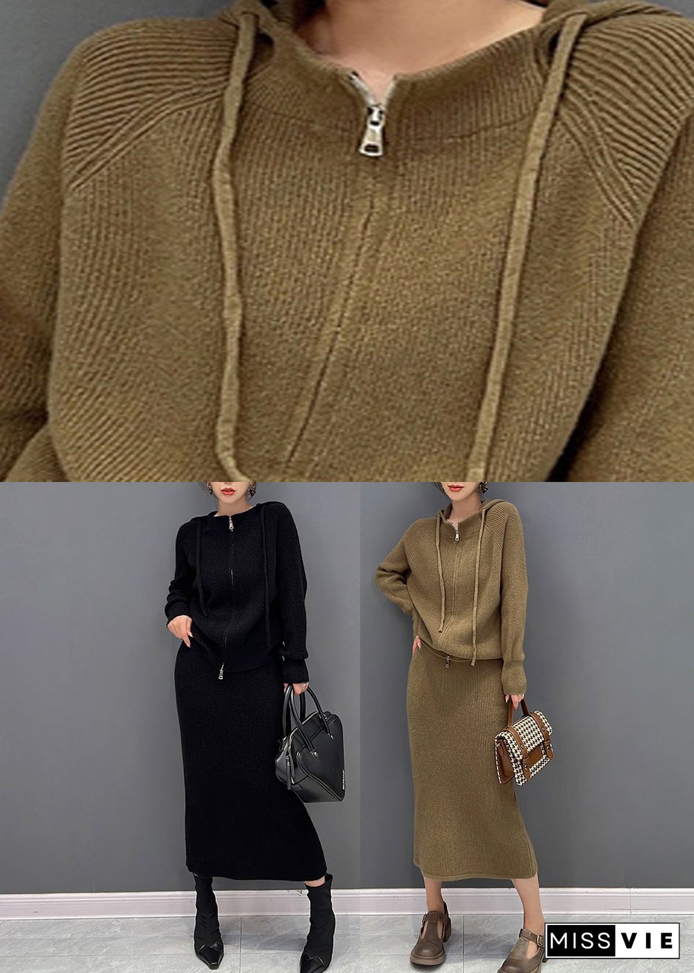 Casual Brown Zippered Hooded Knit Sweaters And Maxi Skirts Two Piece Set Winter