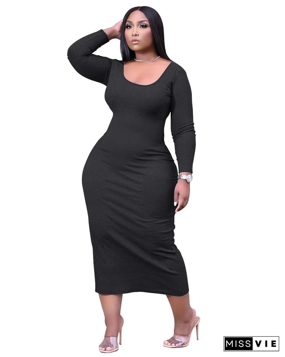 Long Sleeve U Collar Solid Plus Size Maxi Dress