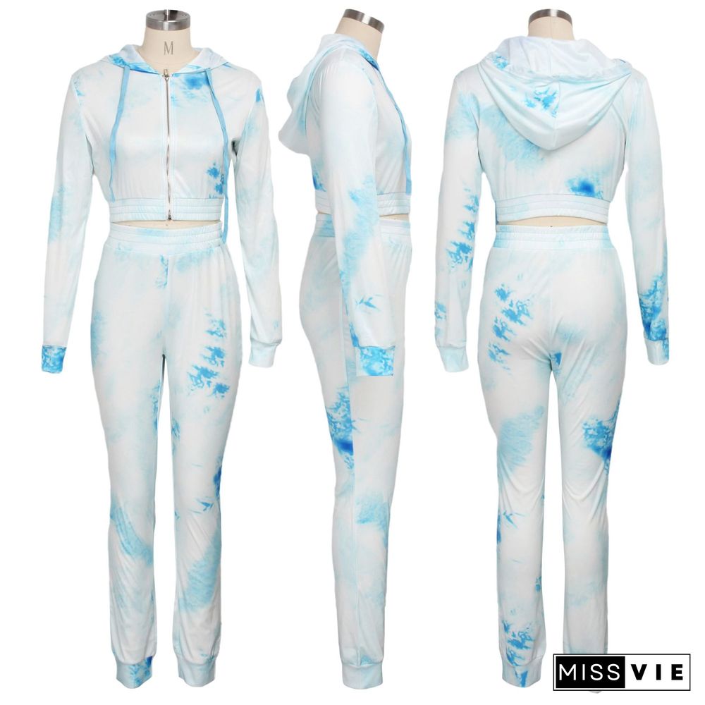 Tie-dye Printed Zipper Hoodie Sweatpants 2 Pieces Set