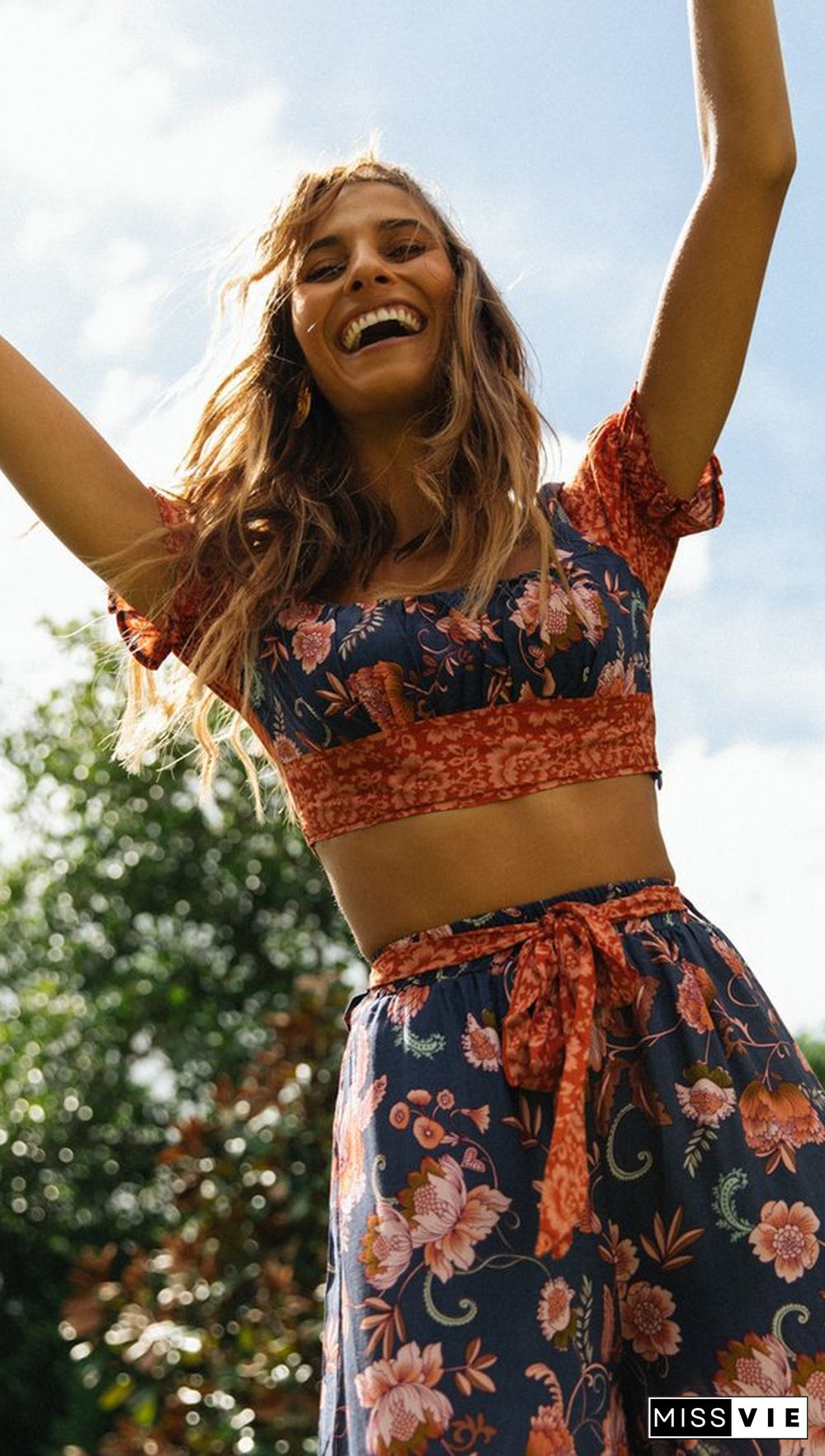 Navy Floral Crop Top and Pants Matching Sets