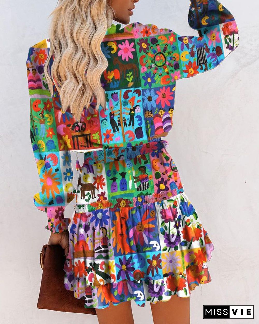 All Over Print Skinny Waist Long Sleeve Mini Dress P10042