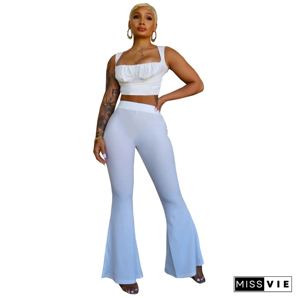 Summer Clothes Solid Color Knitted Sleeveless Crop Top Flare Pants Clubwear Vacation 2 Piece Set