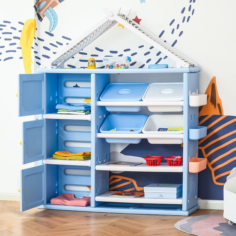 Qaba Kids Toy Storage Organizer with 4 Bins Storage Cabinets Bookshelf and 4 Layers Toy Collection Shelves Orange