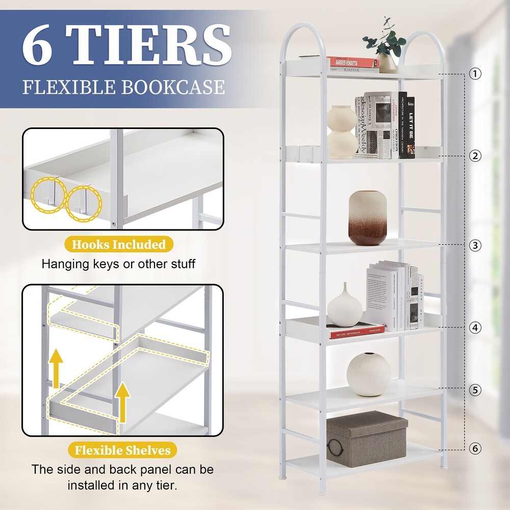 70.8 Inch Tall Bookshelf  MDF Boards 6 tier Shelves with Round Top Frame Adjustable Foot Pads