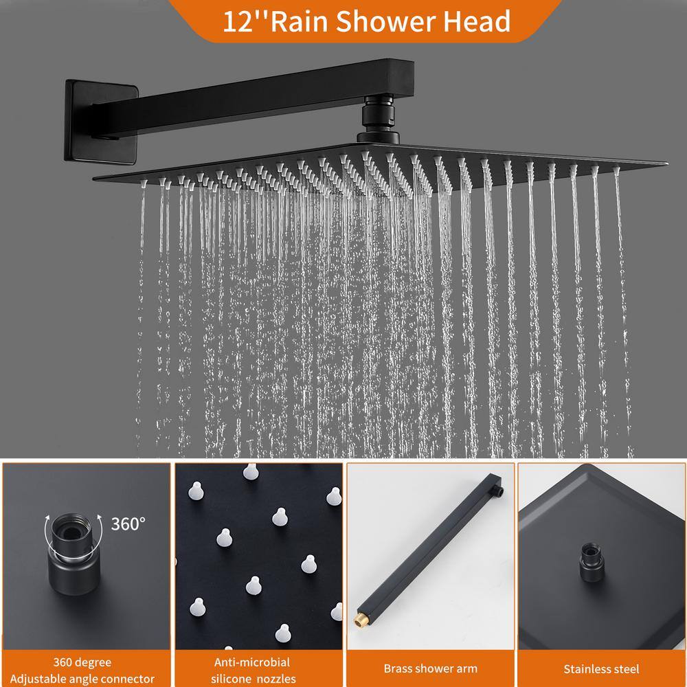 Zalerock Rainfall 1-Spray Square 12 in. Shower System Shower Head with Handheld in Black (Valve Included) KSA013