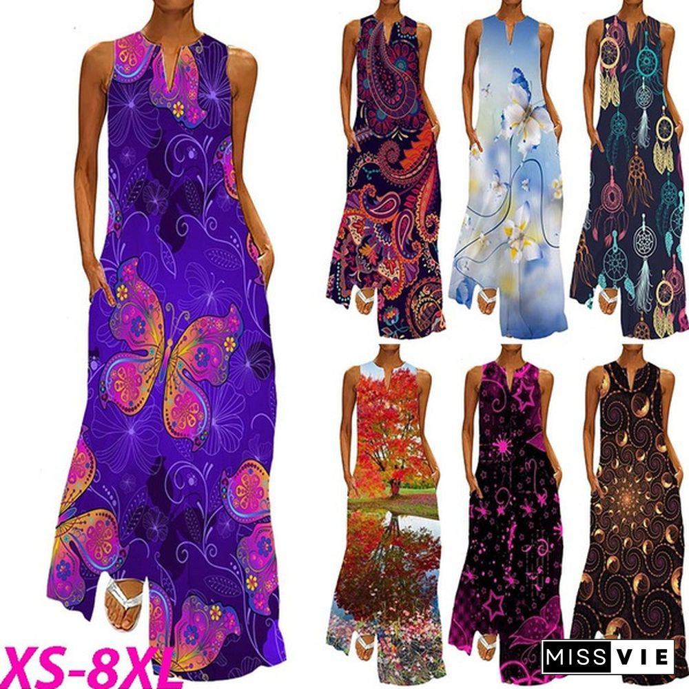 Women's Shift Dress Maxi Long Dress Sleeveless Butterfly Flower Pocket Print Spring Summer V Neck Party Casual Party Holiday Dress Plus Size XS-8XL Maxi Dress