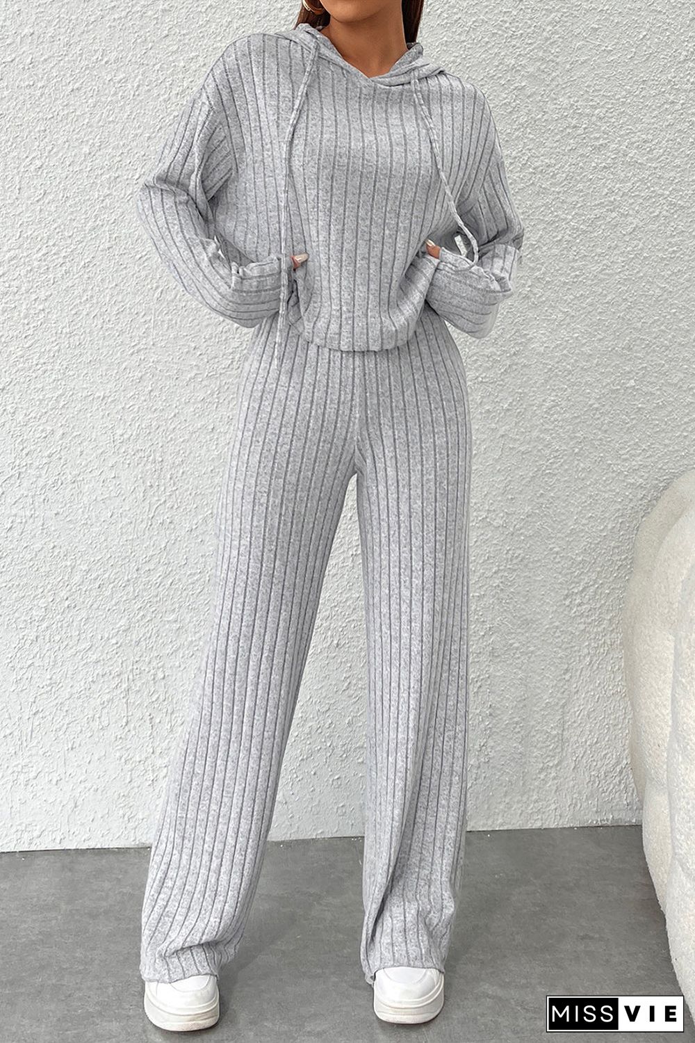 Gray Ribbed Knit Slouchy Hoodie Wide Leg Pants Set