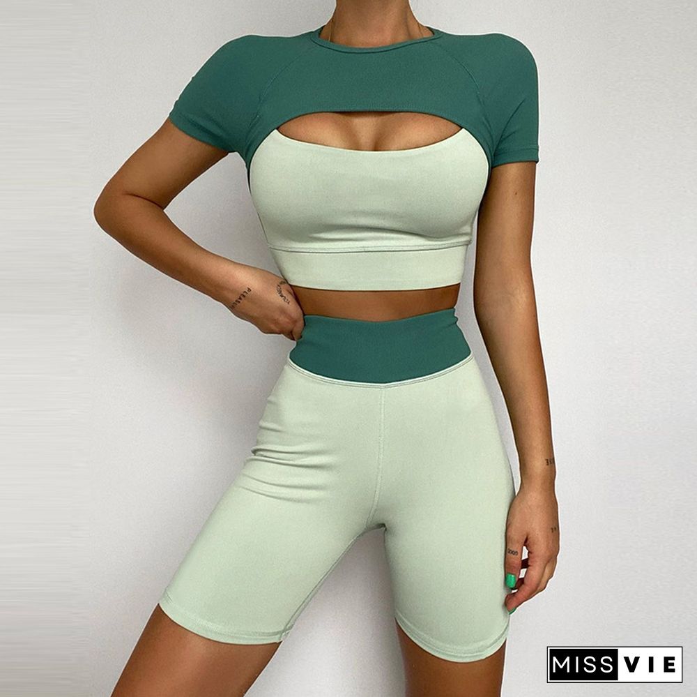 Contrasting Color Short-Sleeved T-shirt High-Waisted Skinny Suit