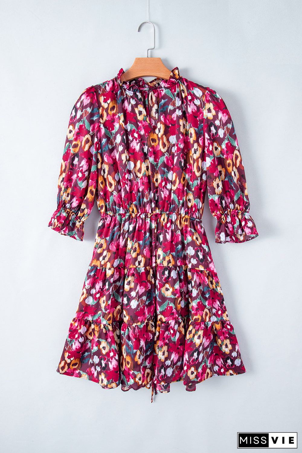 Rose Red Floral Print Tiered Ruffled Half Sleeve V Neck Dress