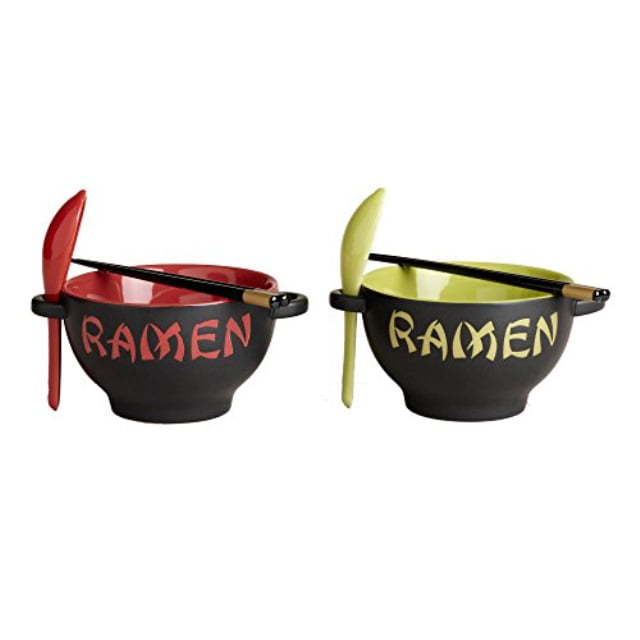 World Market Japanese Ceramic Ramen Bowl Set of 2 Noodle Bowl with Soup Spoon and Chopstick Soup Bowls for Noodle， Ramen， Udon， Miso， Thai， Pho Soup 17.5 Ounce Red Dragon and Green Rooster