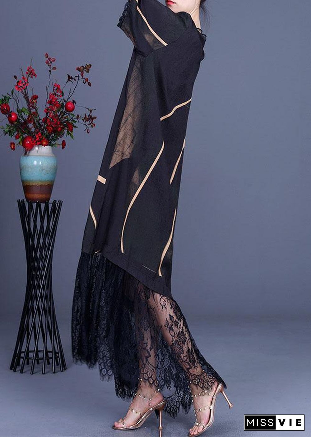 Natural Black Silk Print Patchwork Lace Vacation Dresses Summer