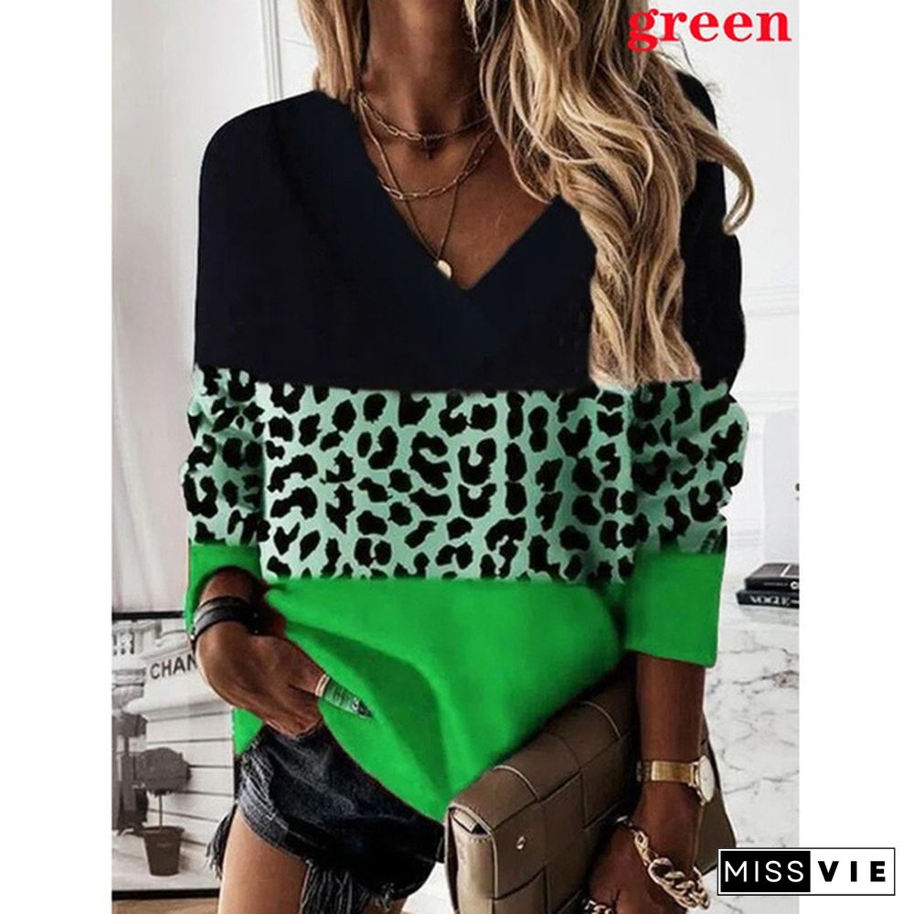 Women's Fashion Loose Casual Long Sleeve Leopard Print Floral Print V Neck Spring and Autumn Tops Blouses Pullover Plus Size