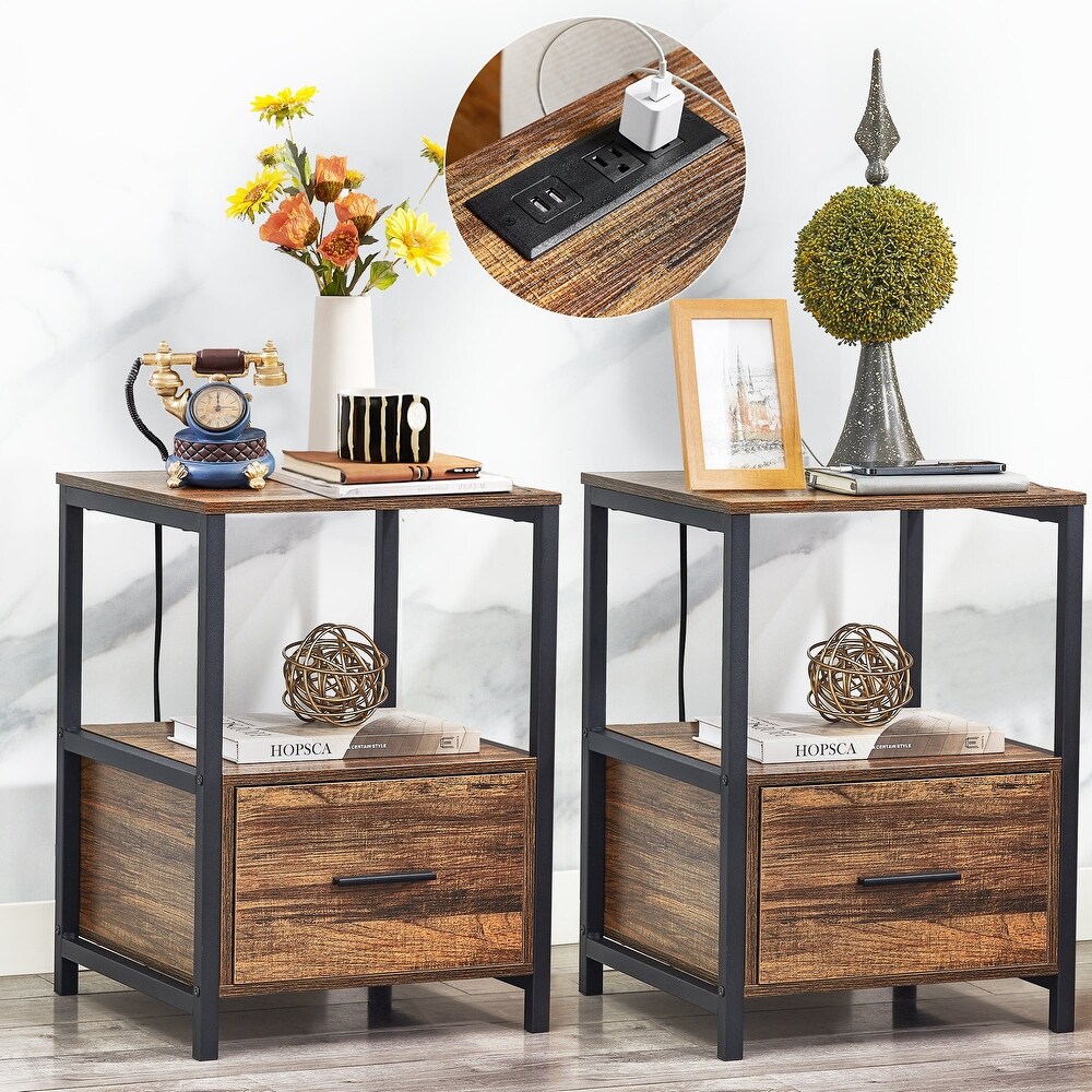 VECELO Mid Century Modern Nightstand with Charging Station USB port ((Set of 2))