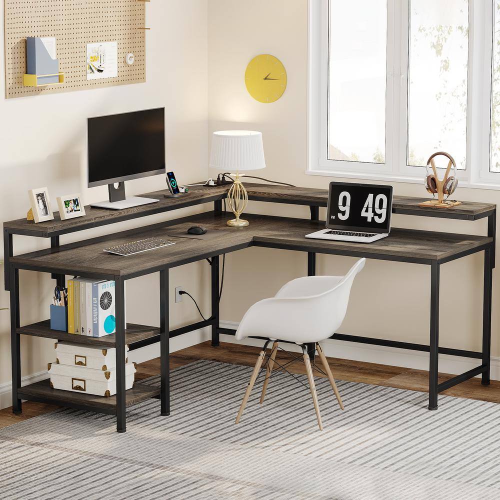 Tribesigns Lantz 59 in. L-Shaped Gray Wood Computer Desk with Power Outlets and Storage Shelves for Home Office TJHD-JW0450-HYF