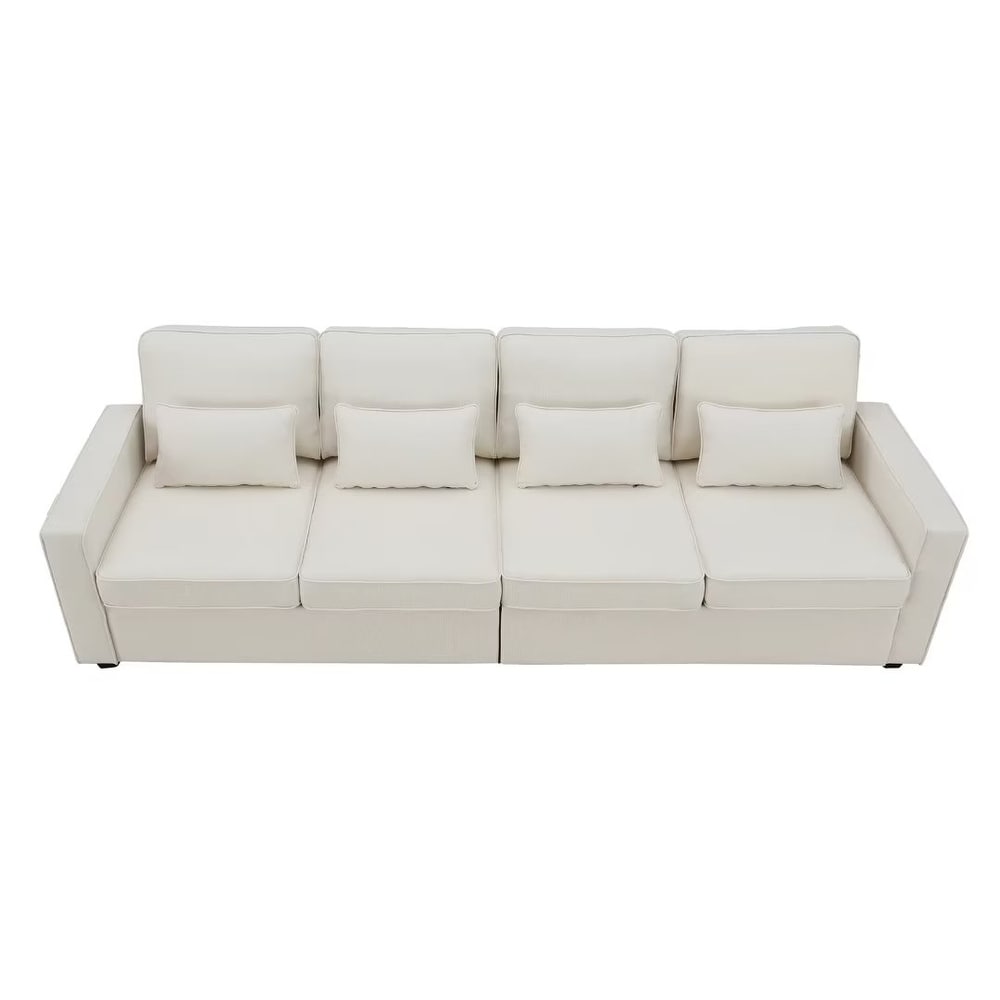 4 Seater Modern Linen Fabric Sofa with Armrest Pockets and 4 Pillows   9'5\