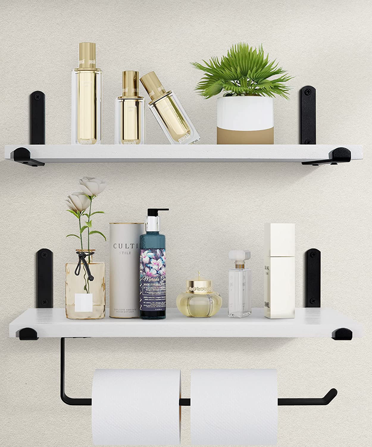 Afuly White Floating Shelves with Towel Bar, Modern Wall Mounted Shelf for Bathroom Set of 2