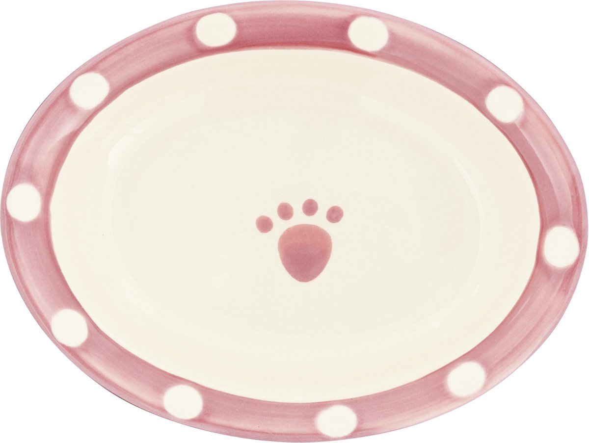 PetRageous Designs Polka Paws Oval Ceramic Dog and Cat Bowl， Pink， 1-cup