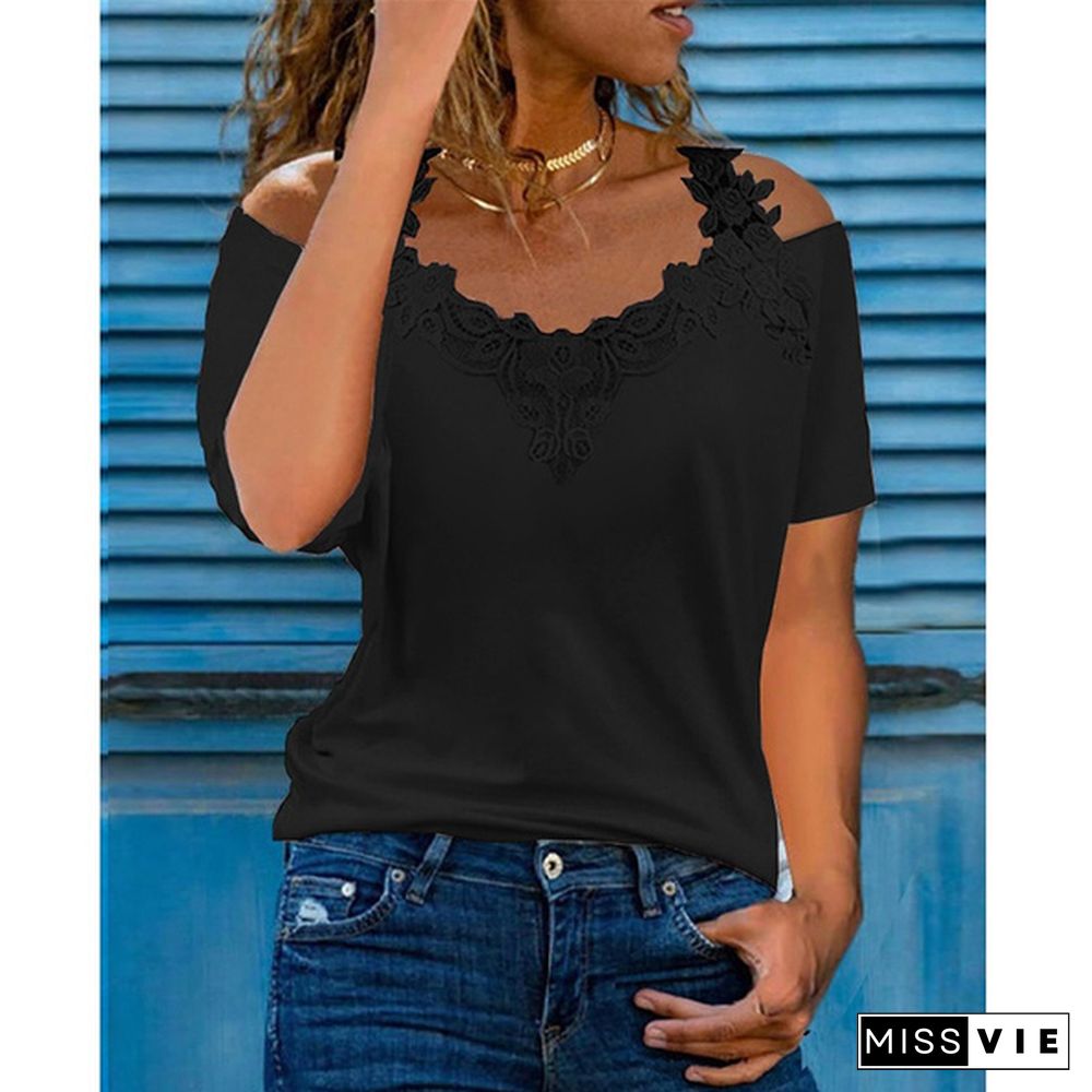 Women Fashion Plus Size Casual Tops Lace Stitching Cold Shoulder Short Sleeves T-Shirts Summer Solid Color V Neck Loose Blouses Tee Shirts Xs-5Xl