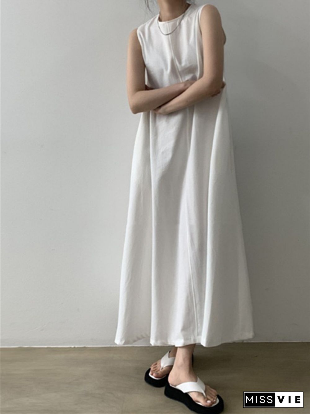 Simple Lazy Big Swing Loose Sleeveless A-line Vest Slim Cotton and Linen Dress