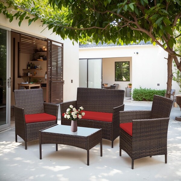 4 Piece Patio Conversation Wicker Furniture Set，Outdoor Rattan Sectional Furniture Set With Cushions