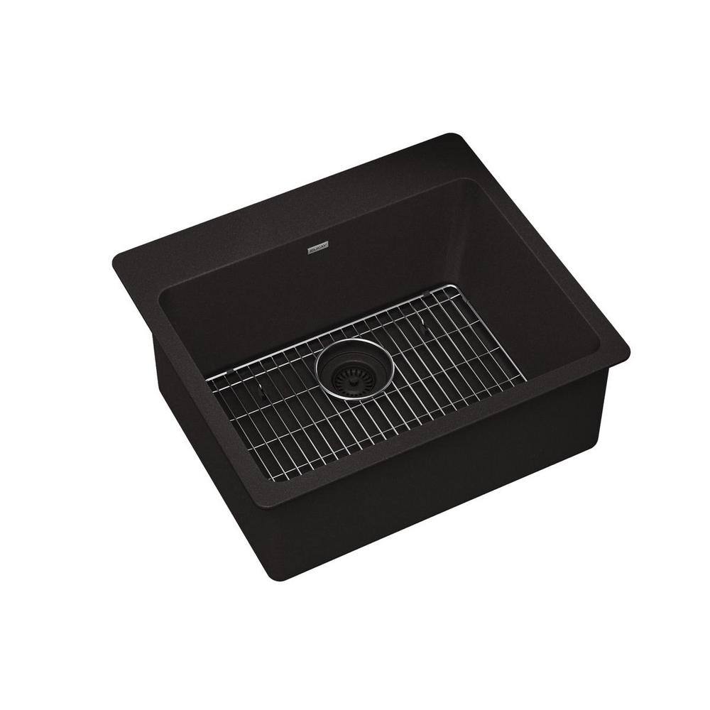 Elkay Quartz Classic Black Quartz 25 in. Single Bowl Drop-In Kitchen Sink with Bottom Grid and Drain ELG2522BK0C