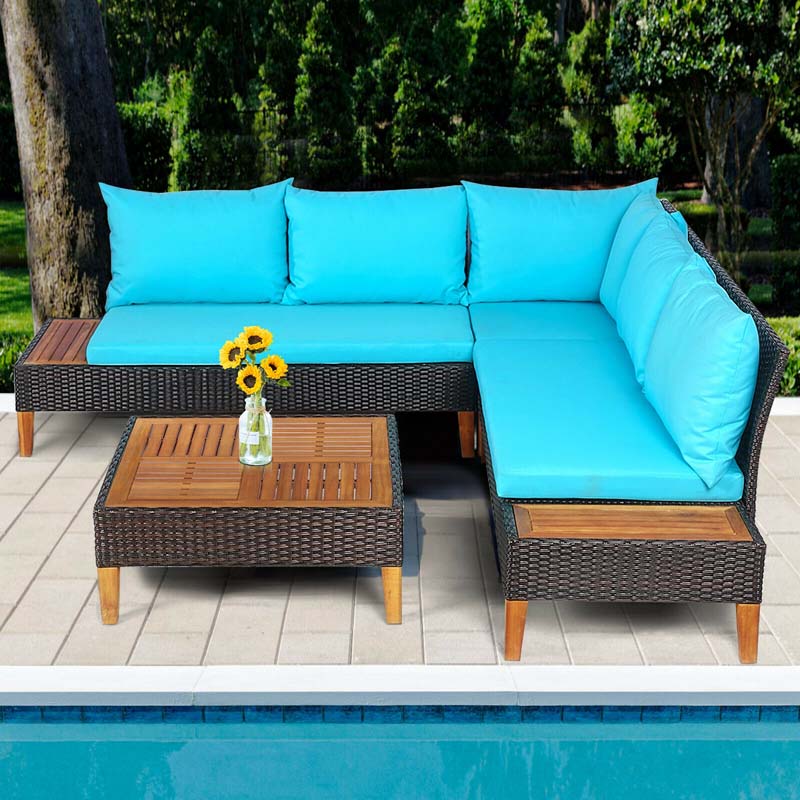 4 Pcs Acacia Wood Rattan Patio Conversation Set Outdoor Sectional Sofa Set with Coffee Table