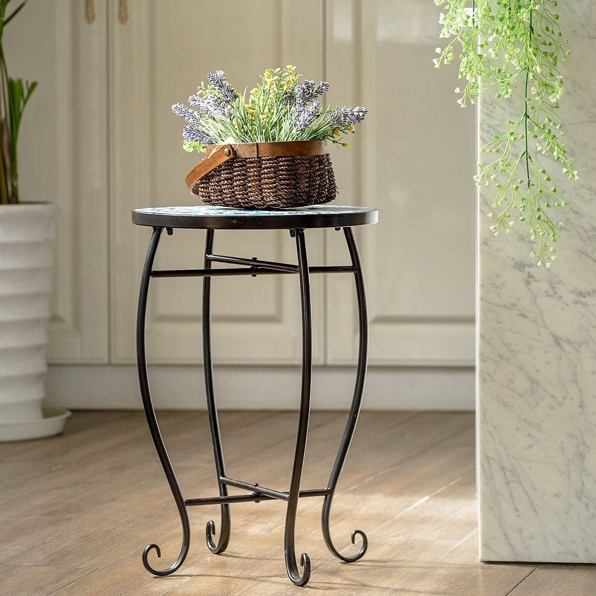 Outdoor Indoor Steel Round Accent Table Mosaic Plant Stand Cobalt Table