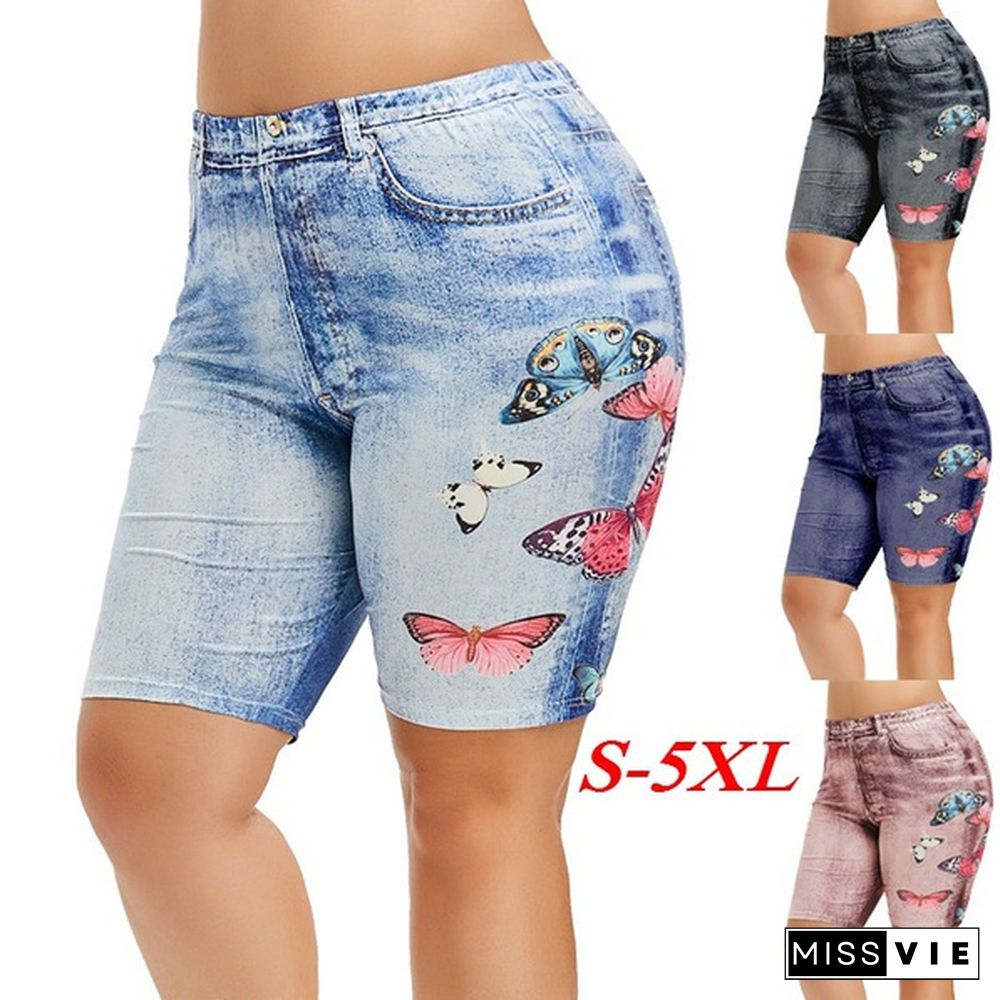 Women New Fashion Skinny Denim Jeans Casual High Waist Butterfly Print Faux Short Pants Plus Size Skinny Leggings Plus Size