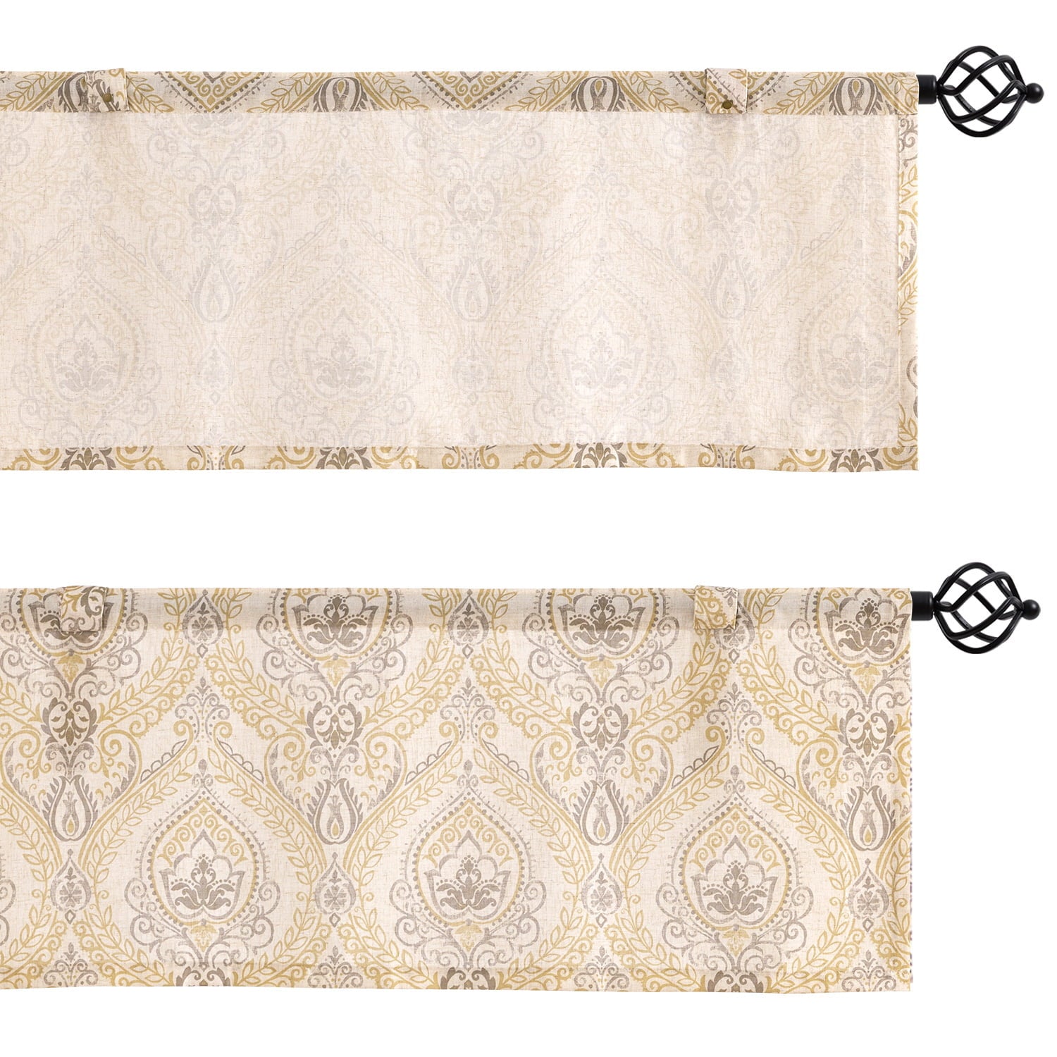 Curtainking Tie Up Damask Kitchen Valance Famhouse Curtain for Living Room 20 inch Linen Adjustable Window Valance Rod Pocket 1 Panel Yellow on Beige