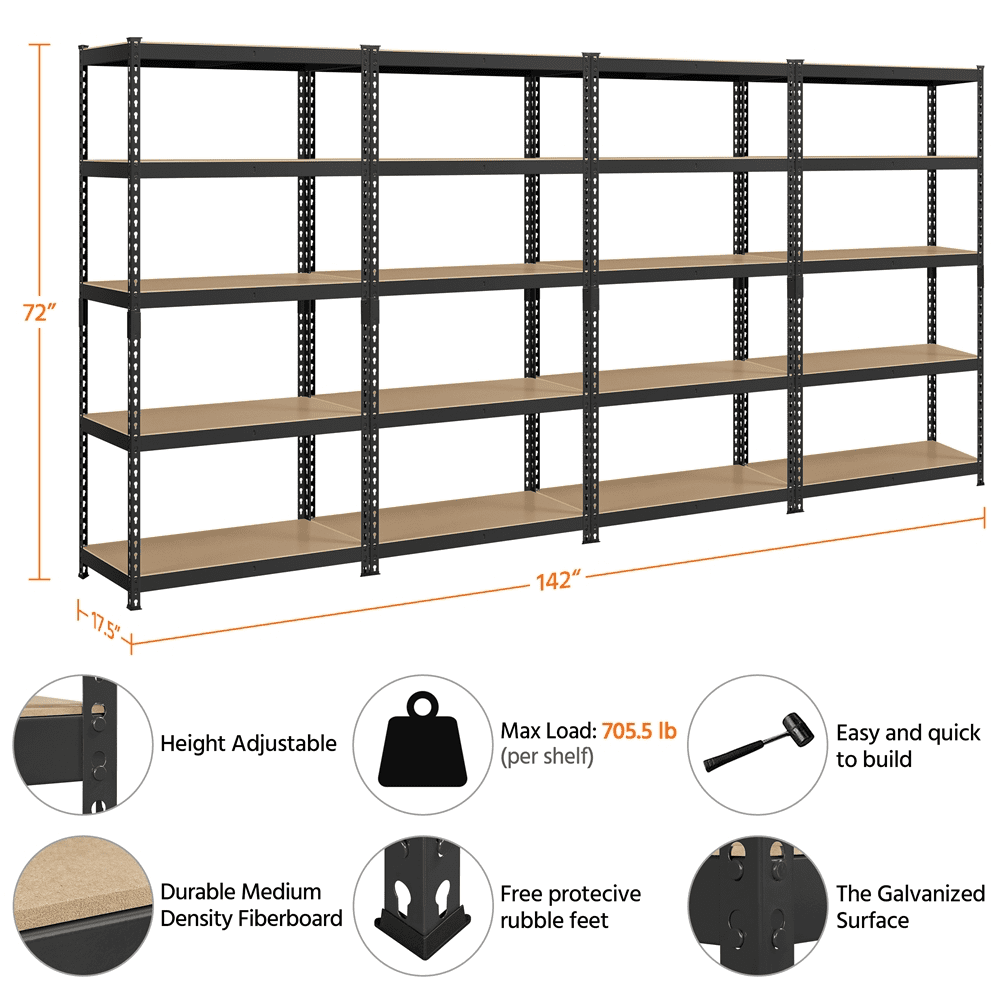 Topeakmart 4 Pieces of 5 Tiers Adjustable Metal Storage Shelving Heavy Duty Boltless Display Stand, Black