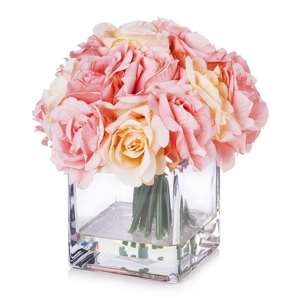 Enova Home Artificial 18 Pieces Fake Roses Silk Flowers Arrangement in Cube Glass Vase for Home Wedding Party Decoration