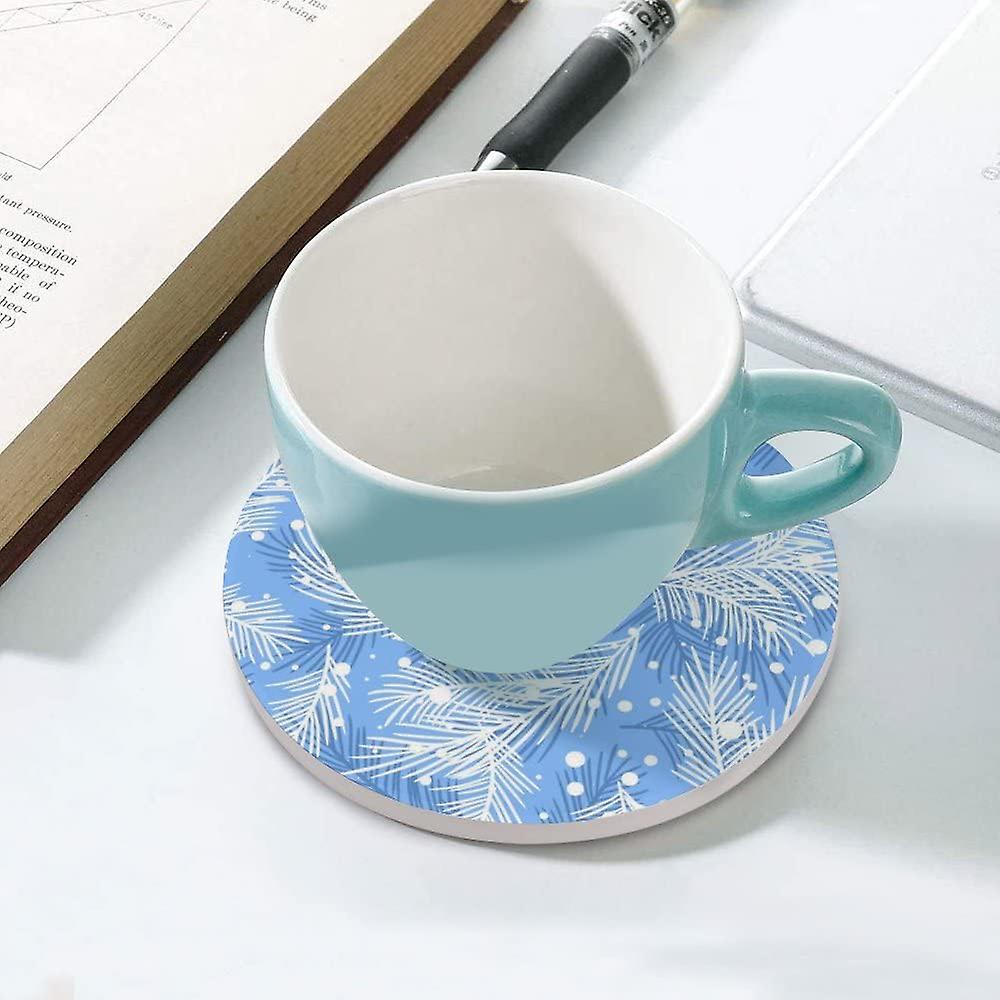 6pcs Round Fir Branches And Snow Ceramic Coasters With Cork-backed For Coffee Drink Cup Mat Absorbent Stone Coasters