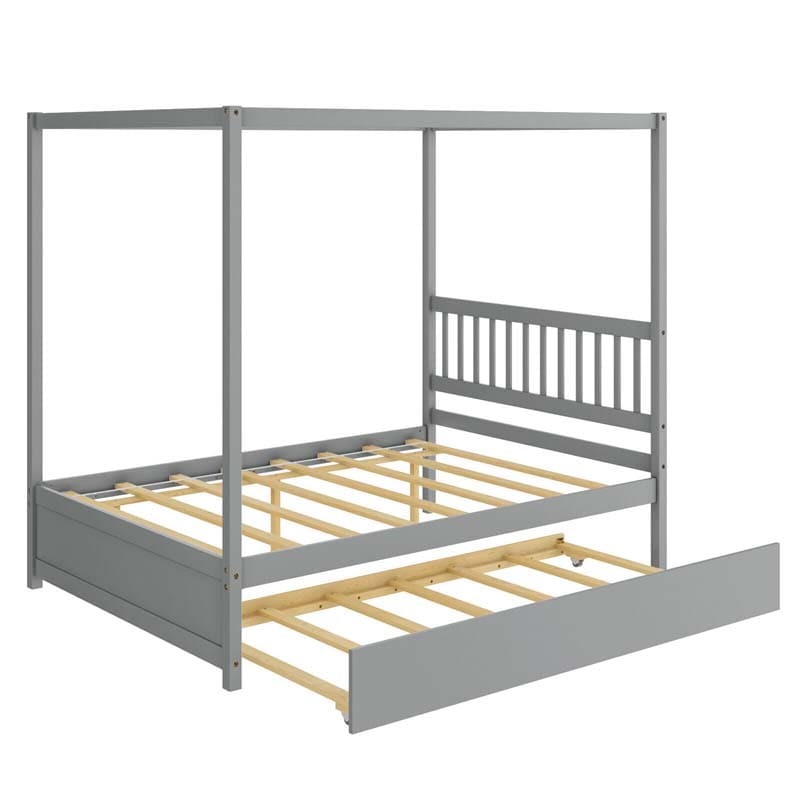 Full Size Canopy Bed with Trundle, Solid Wood Platform Bed Frame with Headboard, Full Bed for Kids Teens Adults