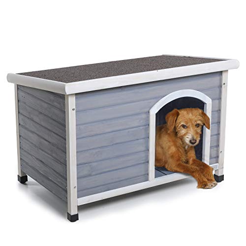 Petsfit Outdoor Wooden Dog House with Adjustable Foot Mat and Door Flap， Small， 1-Year Warranty