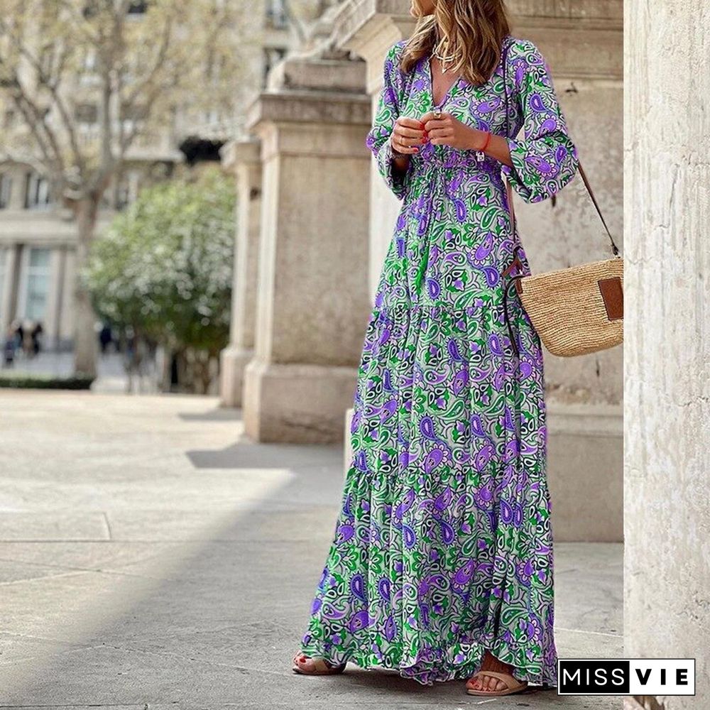 Spring New Temperament V-neck Bohemian Print Swing Dress Womem Casual Vacation Loose Beach Dress